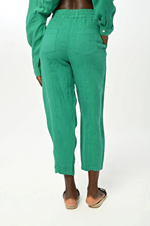 KADIN BELİ LASTİKLİ RAHAT KALIP DÜZ RENK KETEN PANTOLON