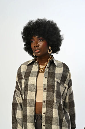 KADIN KARE DESENLİ ÇİFT CEPLİ OVERSİZE KESİM GÖMLEK