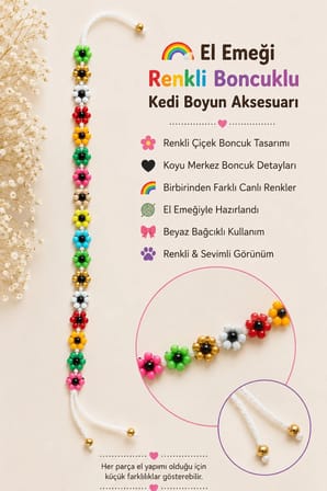 El Yapımı Renkli Çiçek Boncuklu Kedi Boyun Aksesuarı Beyaz Bağcıklı Dekoratif Kedi Tasması