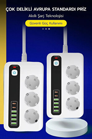 Pro P10 3x Priz 3000W Akım Korumalı 4x USB 2x Type-C Girişli Çoklu Priz