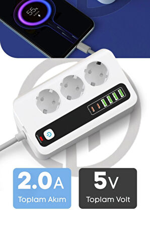 Pro P10 3x Priz 3000W Akım Korumalı 4x USB 2x Type-C Girişli Çoklu Priz