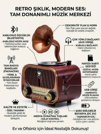 Dexxony MD-1319 Ahşap Tasarım Nostaljik Radyo - Gramofon Dekorlu Şarjlı Bluetooth Hoparlör Hediyelik Radyo