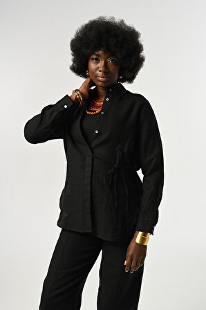 KADIN %100 KETEN ÖNÜ BAĞLAMA DETAYLI GÖMLEK