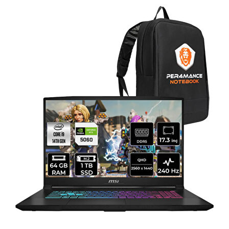 MSI Katana 17 HX i9-14900HX 64GB 1TB SSD RTX5060/8GB 17.3'' 2K QHD 240Hz FDOS Gaming Laptop B14WFK