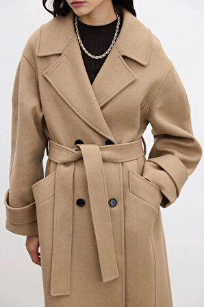 Kemerli Oversize Premium Kadın Kaşe Kaban