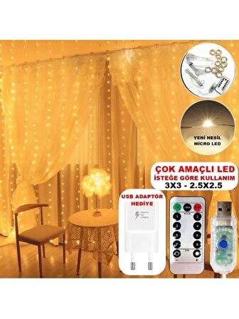 Dekoratif Led Işık Perde Led 3 Metre Kumandalı 8 Ayrı Moda Sahip 3 mt X 3 mt Perde Peri Led Usb