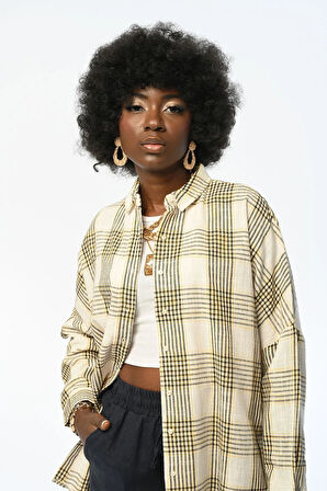 KADIN EKOSE DESENLİ OVERSİZE KESİM PAMUK GÖMLEK