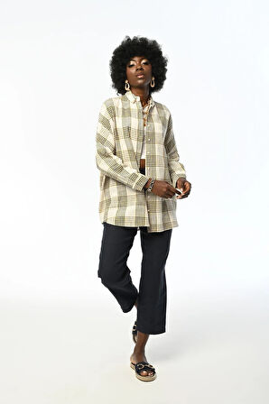 KADIN EKOSE DESENLİ OVERSİZE KESİM PAMUK GÖMLEK