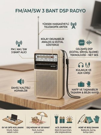 Dexxony Şarjlı Cep Radyosu FM AM SW 3 Bant DSP Çipli Deprem Çantası İçin Küçük El Radyosu