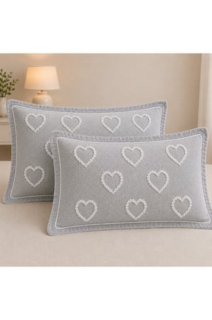 Gri Kalp Desenli Çift Kişilik Yatak Örtüsü Seti 250x260 cm + 2 Adet Spor Yastık Kılıfı