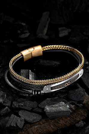 Doğal Oniks Taşlı Deri Çelik 3 lü Erkek Bileklik Sonsuzluk Ve Grek Motifli