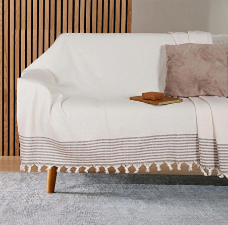 Buldan İşi Kaymaz Pamuklu Koltuk Örtüsü 170x210 Cm Koltuk Şalı Çekyat Kanepe Örtüsü - Kreme Kahve 