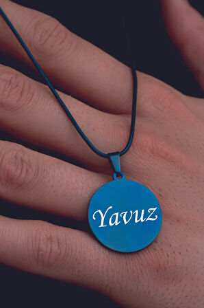 Erkek Çelik Kolye - Parlament Mavisi İsim Yazılabilir Yuvarlak Model Çelik Kolye