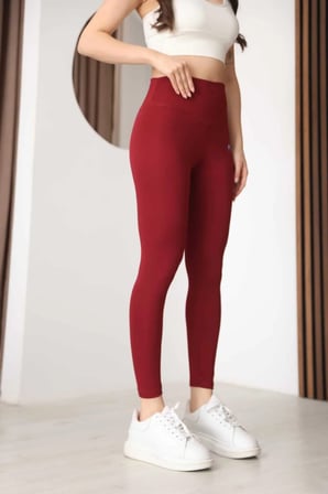Kadın Bordo Yüksek Bel Toparlayıcı Spor Tayt - Esnek Polyester Spandex Fitness ve Yoga Taytı