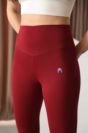 Kadın Bordo Yüksek Bel Toparlayıcı Spor Tayt - Esnek Polyester Spandex Fitness ve Yoga Taytı