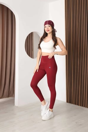 Kadın Bordo Yüksek Bel Toparlayıcı Spor Tayt - Esnek Polyester Spandex Fitness ve Yoga Taytı
