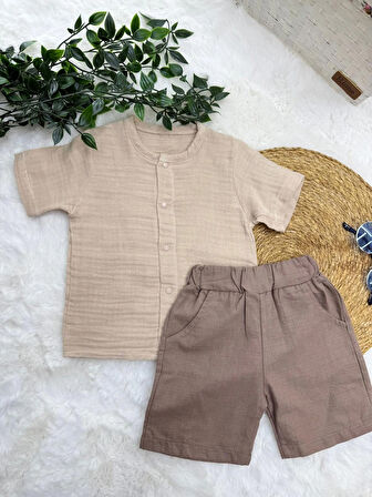  ERKEK BEBEK PAMUKLU MÜSLİN DÜĞME DETAYLI 2Lİ TAKIM