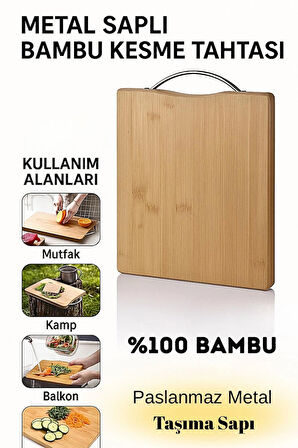 Metal Saplı 20x30 Bambu Kesme Tahtası – Paslanmaz Taşıma Saplı Doğrama Tahtası