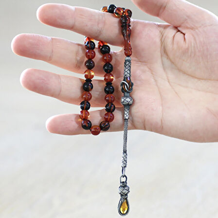 1000 Ayar Gümüş Kazaz Püsküllü Küre Kesim Sarı-Siyah Ateş Kehribar Tesbih