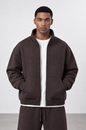 Erkek Crop Fit Panda Oversize Zip Kahve