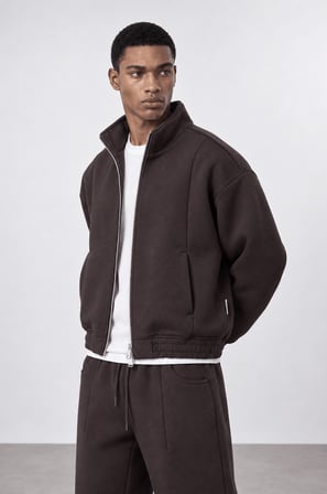 Erkek Crop Fit Panda Oversize Zip Kahve