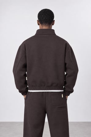 Erkek Crop Fit Panda Oversize Zip Kahve