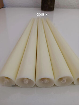 qosrix 5'li Açık Krem Şamdan Soya Mumu 1. Kalite Soya Doğal Pudra Kokulu Uzun Çubuk Konik Mum Dekoratif