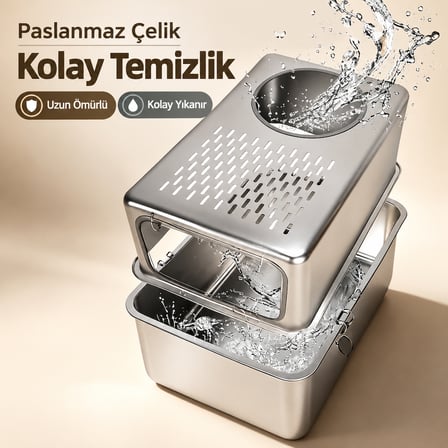  TechTic Paslanmaz Metal Kedi Tuvaleti Metal Kum Kabı Çift Girişli Kapalı Kedi-Evcil Hayvan Tuvaleti
