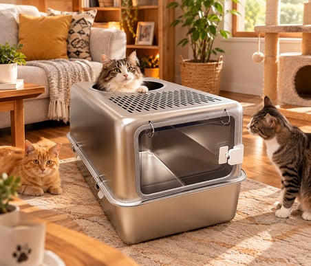  TechTic Paslanmaz Metal Kedi Tuvaleti Metal Kum Kabı Çift Girişli Kapalı Kedi-Evcil Hayvan Tuvaleti