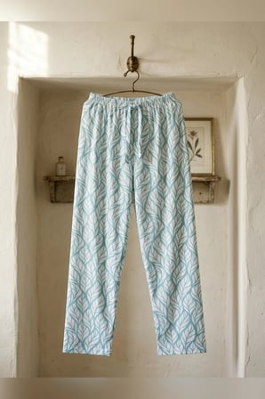 Kadın Tek Alt Pijama Büyük Beden Milan Kumaş Lastikli Bel Bağcıklı Turkuaz Yaprak Desenli Homewear Ev Giyim
