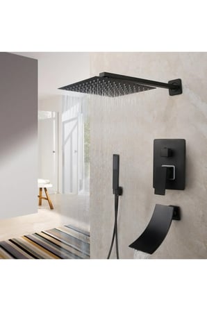 Banyo Bataryası Ankastre Duş Seti Mat Siyah 30x30cm Tepe Duş Yeni Şelale Ürün 5 Yıl Garantili