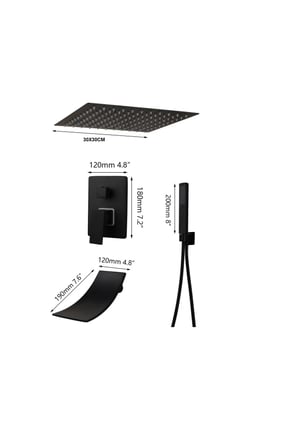 Banyo Bataryası Ankastre Duş Seti Mat Siyah 30x30cm Tepe Duş Yeni Şelale Ürün 5 Yıl Garantili