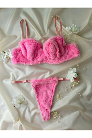 Pembe Peluş Sütyen ve String Takımı Kadın İç Çamaşırı Seti