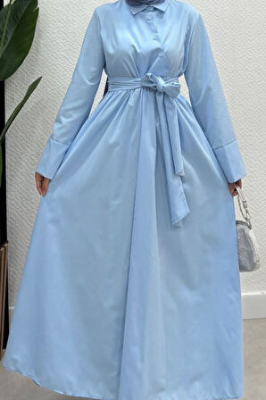 Gömlek Yaka Kuşaklı Çapraz Düğme Detay Tesettür Elbise