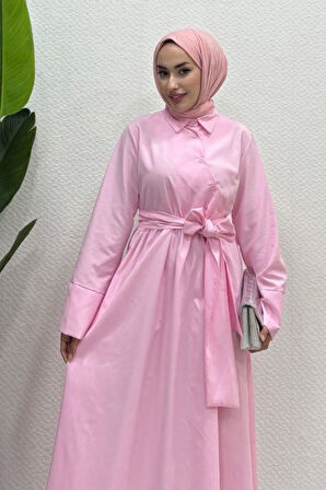 Gömlek Yaka Kuşaklı Çapraz Düğme Detay Tesettür Elbise