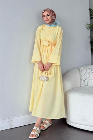 Gömlek Yaka Kuşaklı Çapraz Düğme Detay Tesettür Elbise
