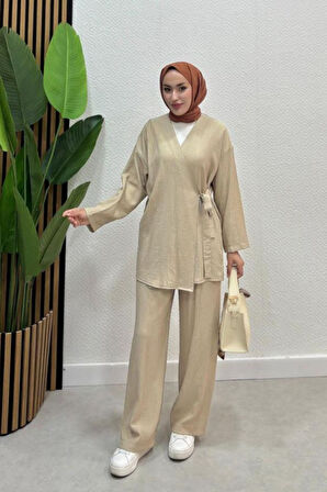 Kadın Çapraz Bağlamalı Keten Kimono Tesettür Pantolon Takım