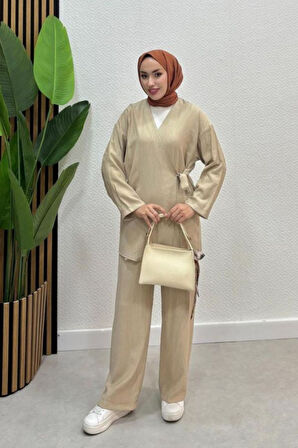 Kadın Çapraz Bağlamalı Keten Kimono Tesettür Pantolon Takım