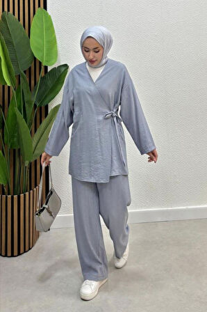 Kadın Çapraz Bağlamalı Keten Kimono Tesettür Pantolon Takım