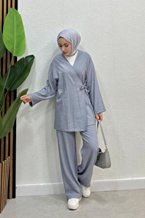 Kadın Çapraz Bağlamalı Keten Kimono Tesettür Pantolon Takım