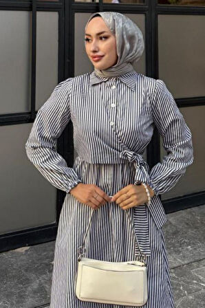 Kadın Gömlek Yaka Çapraz Bağlamalı Düğmeli Çizgili Tesettür Elbise