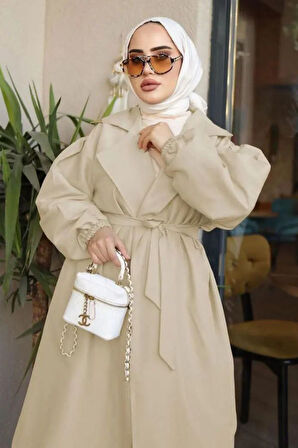 Kadın Ceket Yaka Balon Kol Kuşaklı Oversize Trençkot