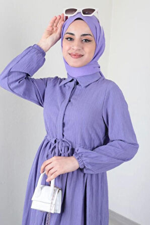Kadın Tesettür Yarım Düğmeli, Belden Büzgülü Elbise
