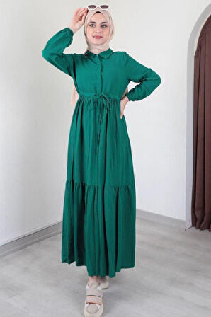 Kadın Tesettür Yarım Düğmeli, Belden Büzgülü Elbise
