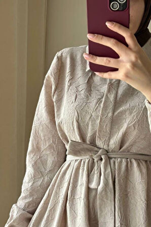 Kadın Gömlek Yaka Yarım Düğme Detay Kendinden Kırışık Monaka Tesettür Elbise