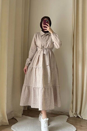 Kadın Gömlek Yaka Yarım Düğme Detay Kendinden Kırışık Monaka Tesettür Elbise