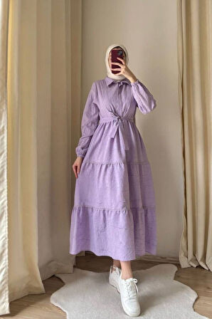 Kadın Gömlek Yaka Yarım Düğme Detay Kendinden Kırışık Monaka Tesettür Elbise