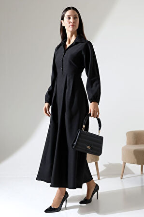 Kadın Belden Oturtmalı Kendinden Kuşaklı Keten Tesettür Elbise