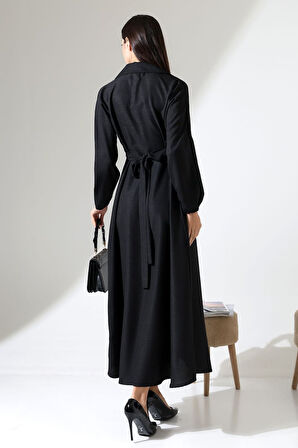 Kadın Belden Oturtmalı Kendinden Kuşaklı Keten Tesettür Elbise