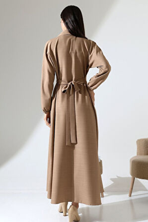 Kadın Belden Oturtmalı Kendinden Kuşaklı Keten Tesettür Elbise